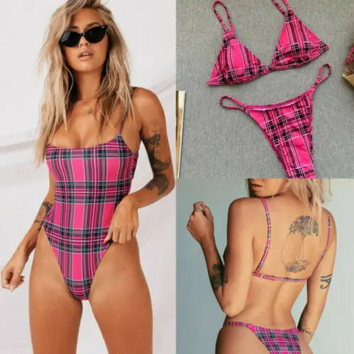 

2019 New Hot Summer Sexy Fashion Latest Female Lady Women Swimwear One Piece Print Swimsuit Monokini Push Up Plaid Bikini Set