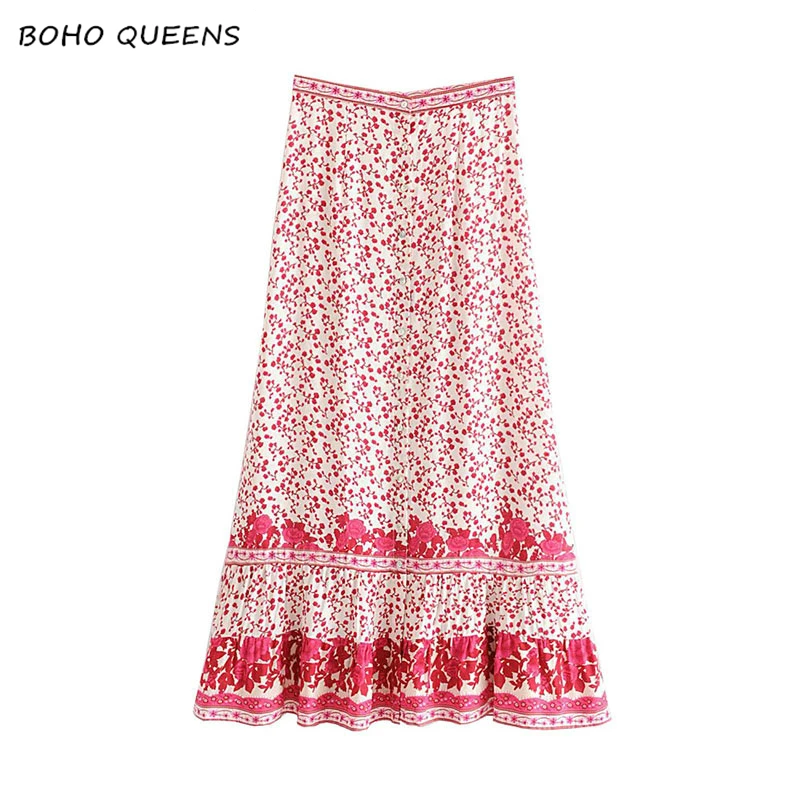 

Boho Chic Summer Vintage Floral Print Pleated Long Skirt Women A Line Button Beach Maxi Skirts Faldas Mujer