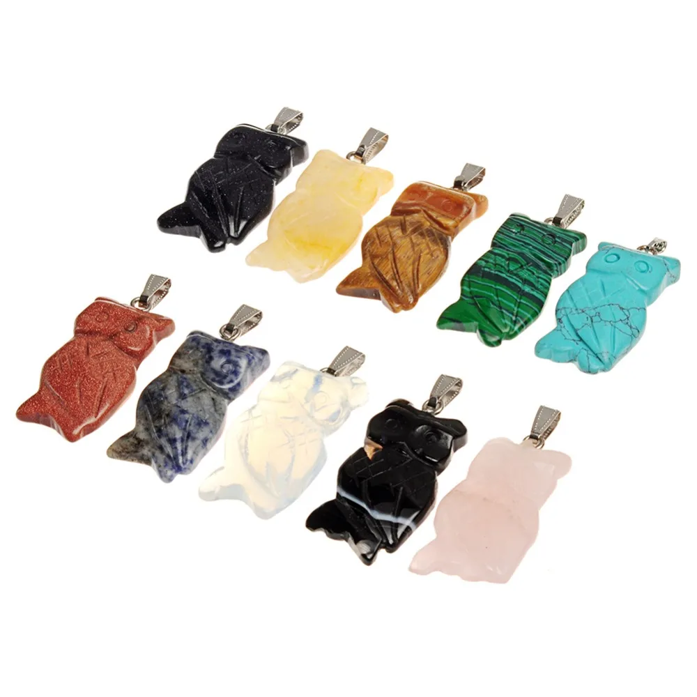 

12pcs/lot Owl Healing Chakra Charms Beads Tourmaline Semi Precious Roses Quartz Crystal Stone Noctua Pendants for Necklace Free