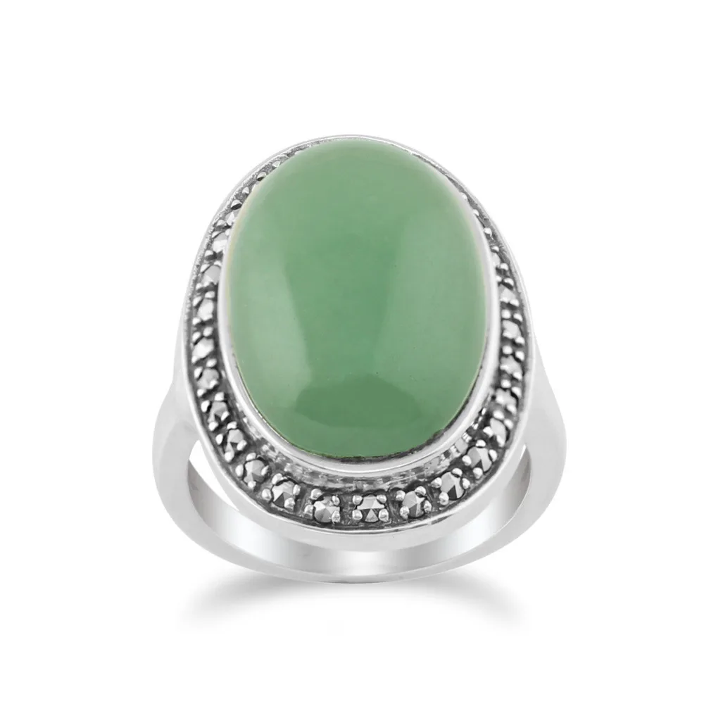 

11569 Green Jade Sparkling Marcasite Oval Ring