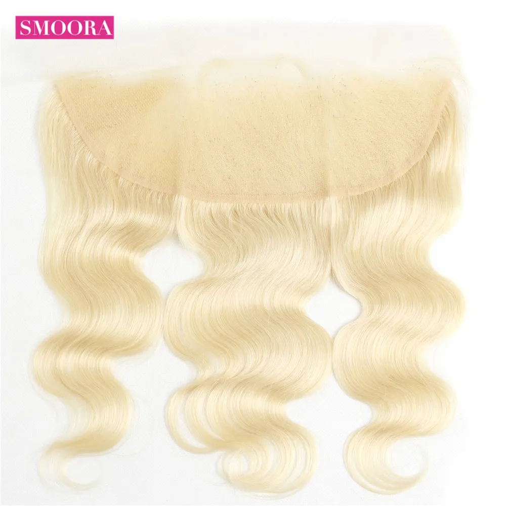 Ceny Smoora 613 blond wiązki z Frontal peruwiański ciało fala włosy ludzkie w kolorze blond wiązki z Pre oskubane Frontal ucha do ucha nie Remy włosy