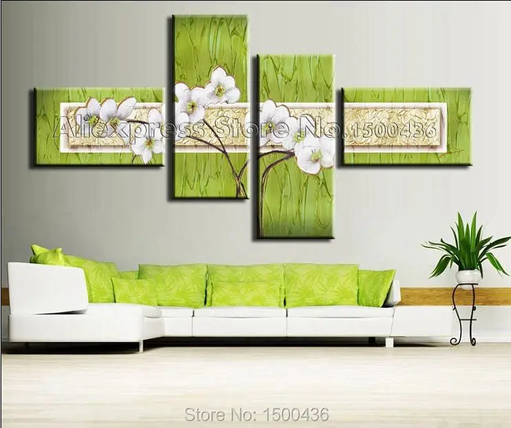 Green Wall Art handpainted abstract white flowers thick textured oil painting 4 Green Wall Art handpainted abstract white flowers thick textured oil painting 4