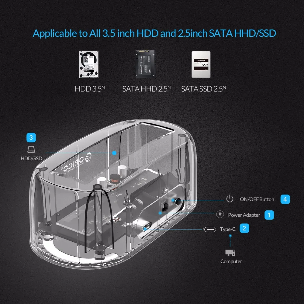 ORICO 6139C3 2 5/3 5 дюйма Type C прозрачный корпус жесткого диска USB3.1 Gen1 док станция 8 ТБ