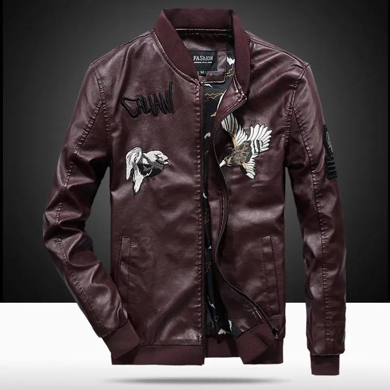 Весенне-осенняя куртка из искусственной кожи, мужская приталенная куртка с вышивкой, куртки с воротником-стойкой, одноцветная повседневная кожаная куртка WN43 - Цвет: as pic
