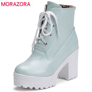 

MORAZORA 2020 hot sale ankle boots women round toe autumn winter boots lace up platform shoes woman fashion high heels booties