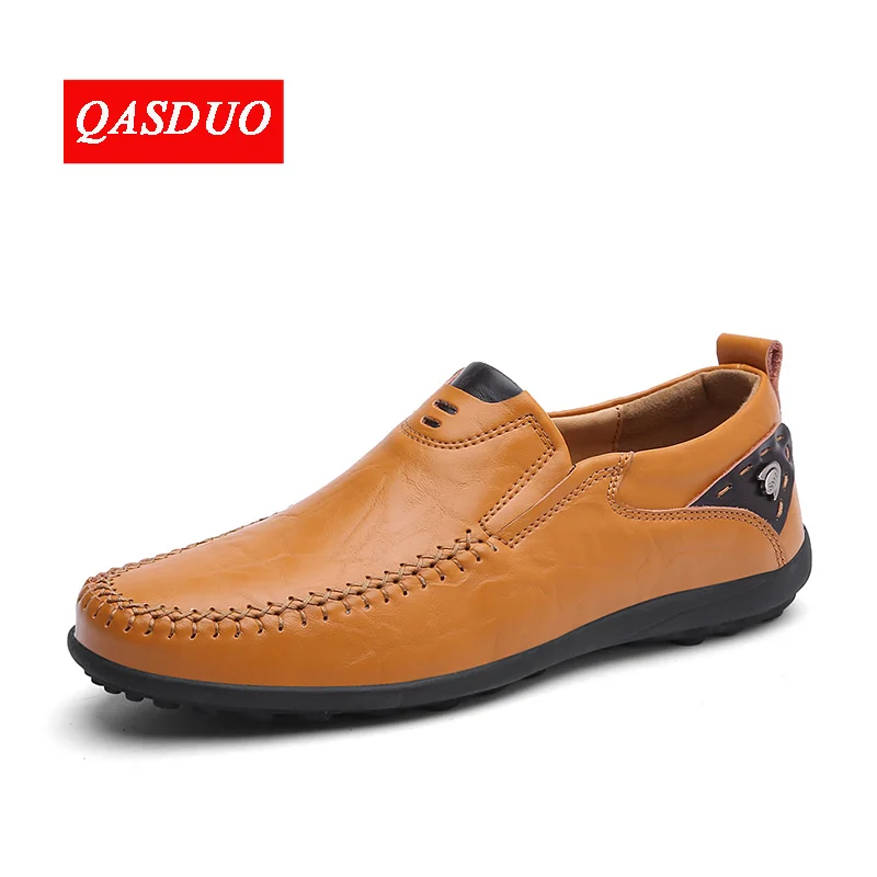 QASDUO Soft Leather Men Loafers New Handmade Casual Shoes Men Moccasins For Men Comforable Leather Flat Shoes big size 37-47