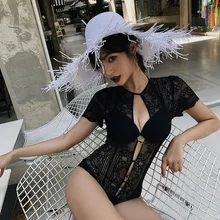 Женский купальник, 1 шт., цельный женский купальник, корейский стиль, атмосферные Красные сексуальные кружевные короткие штаны с длинным рукавом