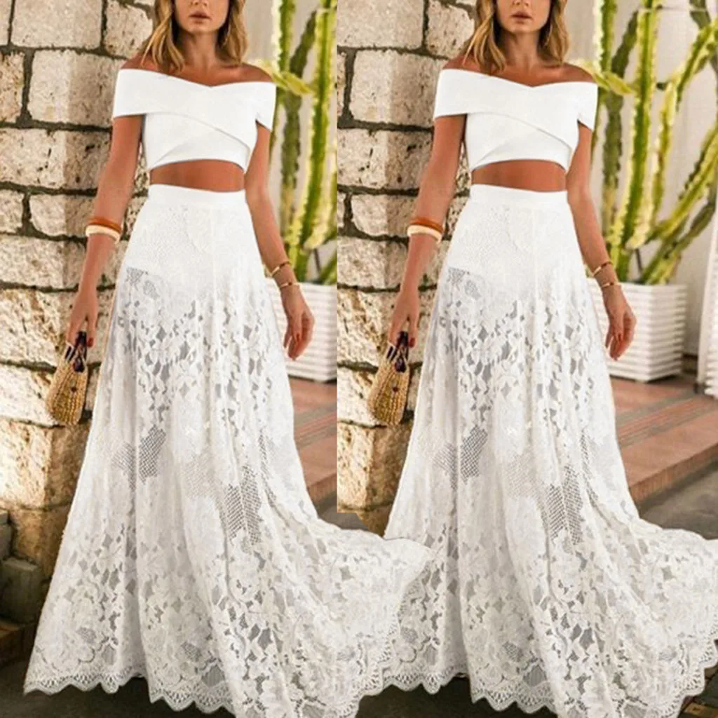 

feitong 2019 White Summer Dress for Girls Slash Neck Three-piece set Beach Dress Party Dress Women Dress#3