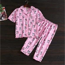 Летняя Домашняя одежда для женщин характер женский пижамный комплект хлопковый пижамный комплект Laides короткий рукав рубашка+ теленок Длина брюки для девочек