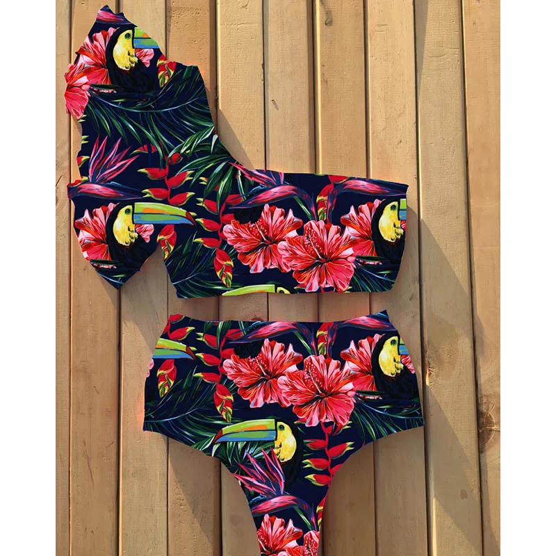 FREE SHIPPING New Sexy One Shoulder Bikinis Women Swimsuit Ruffle Swimwear High Waist Bathing Suits Beach Wear Biquini Female JKP2781