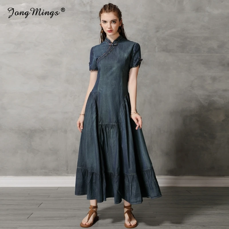 

Vintage Spring Autumn Denim Dress Short-sleeve Plus Size Women A-line Jeans Dress Elegant Cheongsam Denim Long Dress Slim Cowboy
