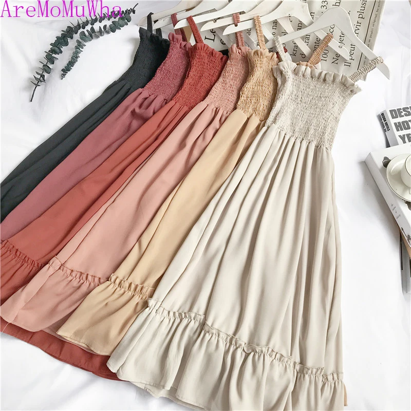 

AreMoMuWha Summer Vintaga Ruffles Spaghetti Strap Dress Women Empire A-Line Dresses Elastic Strapless Sleeveless Sundress Mh057