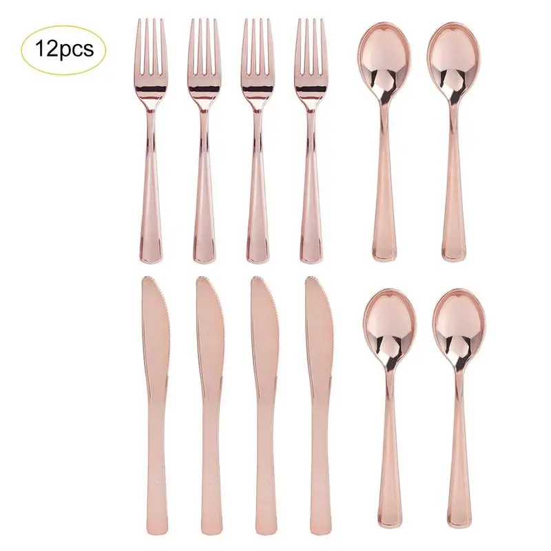 12 шт розовые золотые столовые приборы, комплект из элегантной посуда набор вилки ножи обеденная ложка набор пластиковой кухонной посуды 30 - Цвет: Rose Gold