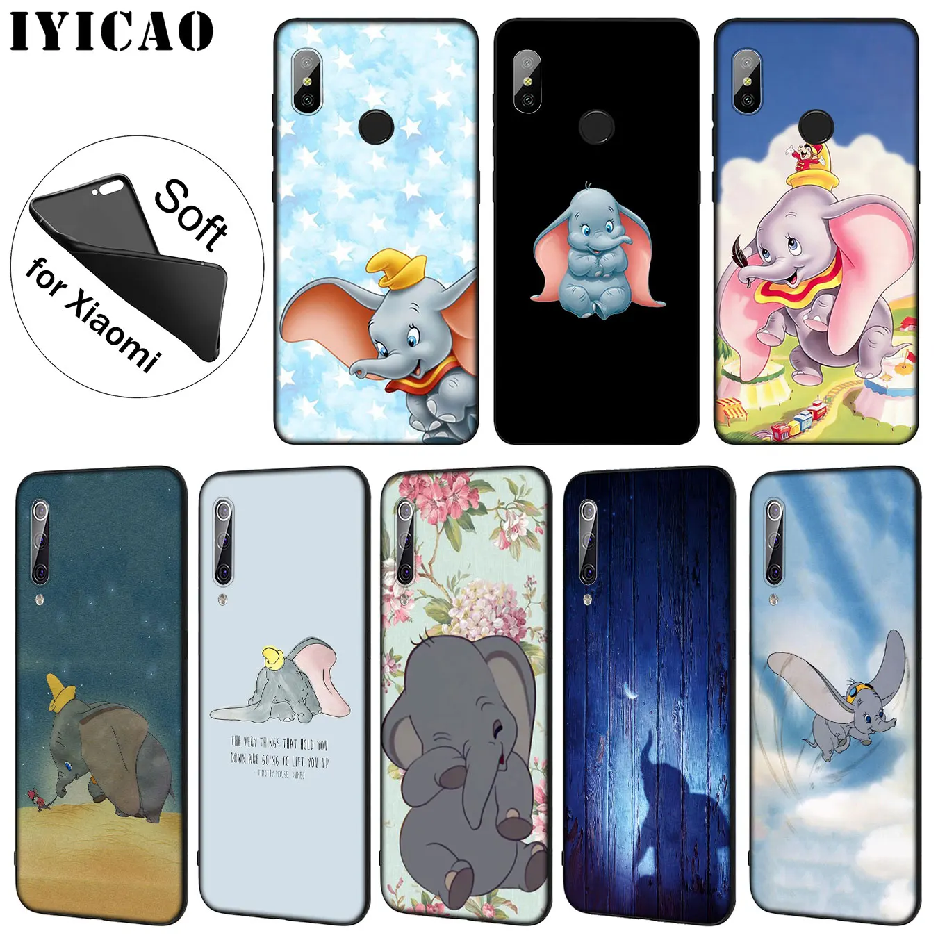IYICAO Dumbo Cute elephant Soft Silicone Phone Case for Xiaomi Mi 10 9 9T CC9 CC9E 8 SE A3 Pro A1 A2 Lite 6 pocophone f1 |