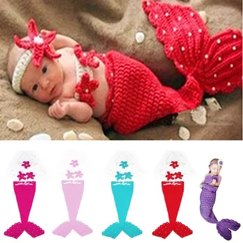 

Hot Beauty Mermaid Suits Wool Handmade Crochet Photography Sweater Newborn Baby Cap 5 Colors FJ88