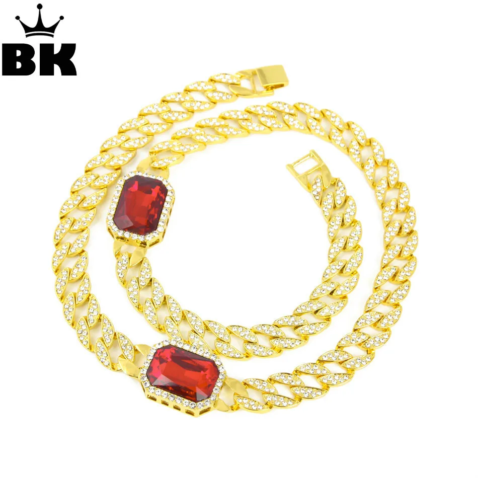 

Hip Hop Iced out Red Rhinestone Necklace Full Stone Miami Cuban Link Chain Necklace Vintage Men Women Jewelry for Party Gift