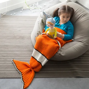 

Handmade Crochet Knitted Nemo Fish Mermaid Tail Blanket Warm Sleeping Bag Kids Bedding Wearable Throw Blanket for Kids 70x140cm