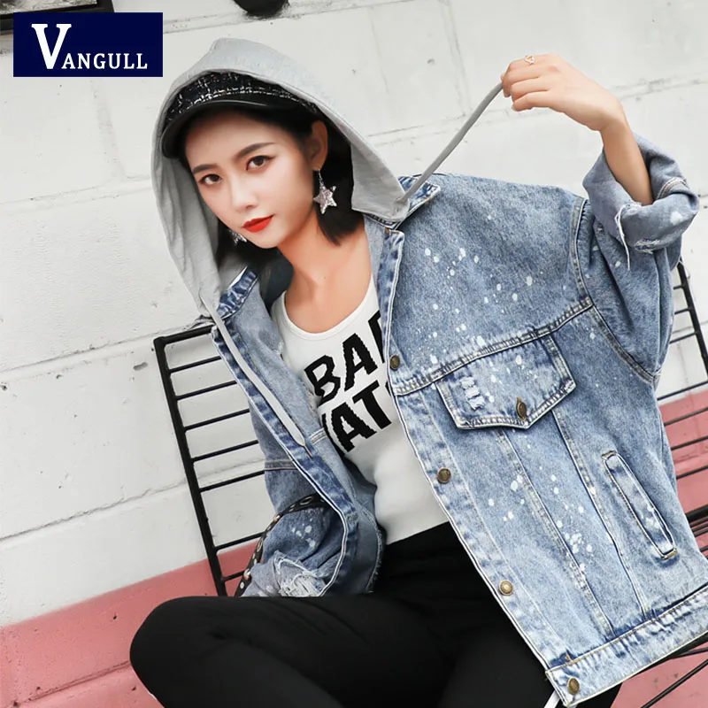 Vangull كاذبة اثنين من قطعة مقنعين الدنيم سترة النساء 2019 الربيع زين الجينز أبلى الإناث واحدة الصدر المتوترة الجينز المعاطف