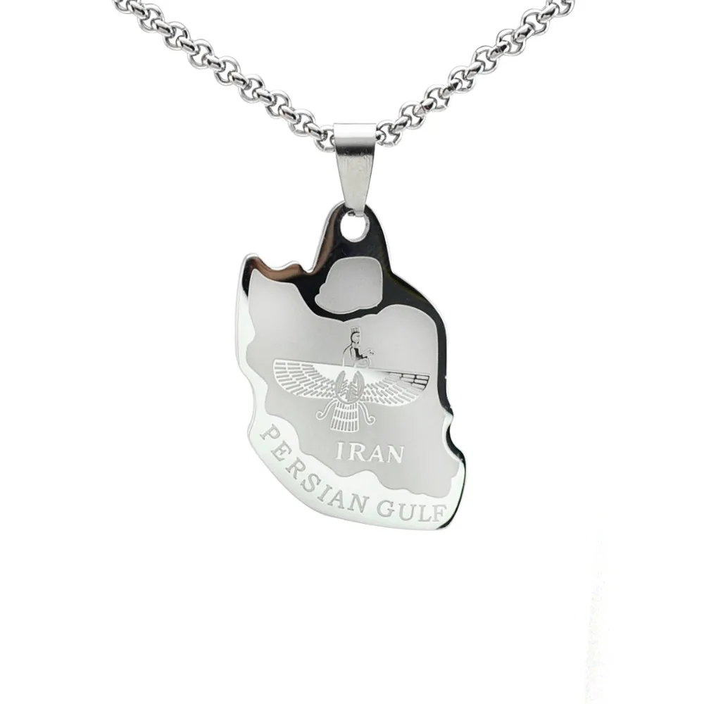 

Silver Tone Stainless Steel Iranian Zoroastrian Farvahar Iran Map Persian Gulf Pendant Necklace
