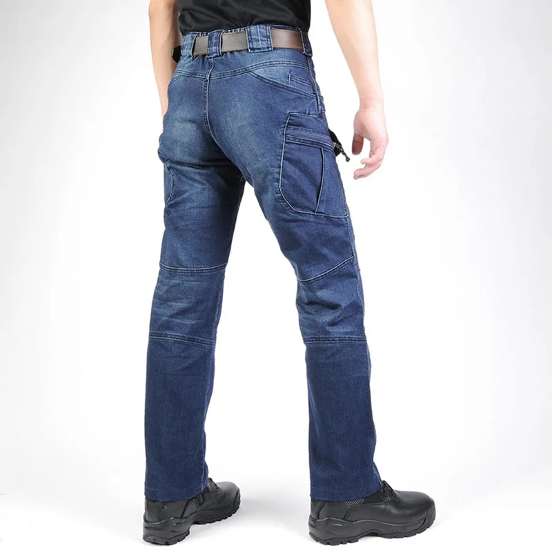 Mcikkny Men's Cargo Casual Jeans Pants With Multi-pockets Motorcycle Denim Trousers Military Style For Men's Outdoor Jeans Blue (9)