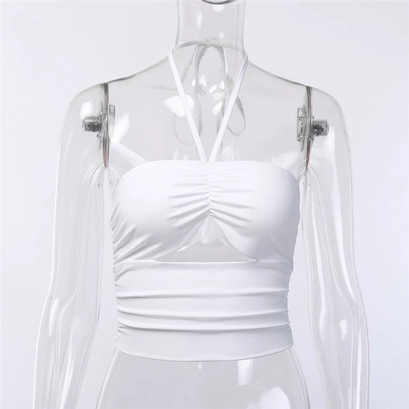 New Fashion Women's Halter Neck Sleeveless Crop Tops Hollow Out Slim Tank Tops Ladies Casual White Tops Beach Party Wear Summer