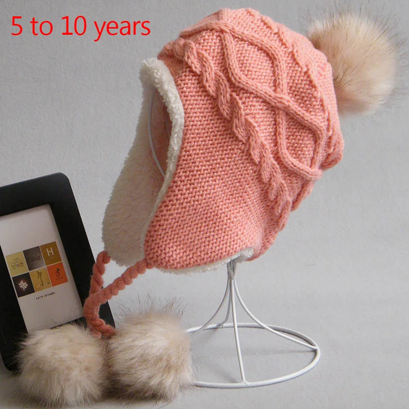 Детская шапка, зимняя шапка с помпоном енота, зимняя шапка для мальчиков и девочек, зимняя теплая шапка, детская шапка с ушками, детские вязаные утепленные бейсболки - Цвет: style1 pink M