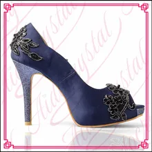Aidocrystal Noble and elegant deep blue lace flower peep toe 14cm thin high heel wedding shoes for women