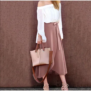 

Vintage Women Elastic Waist Skirts Solid Pleated Maxi Skirt Ladies A-line Casual Loose Long Skirt Ruffles Lace Up