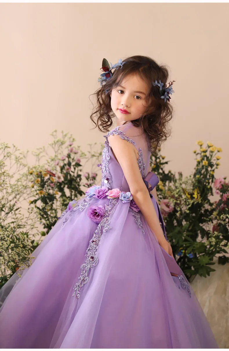 Фиолетовые кружева с пайетками, бальное платье, платья для девочек, держащих букет невесты на свадьбе, с цветочным поясом, платья для первого причастия, Платья для особых случаев