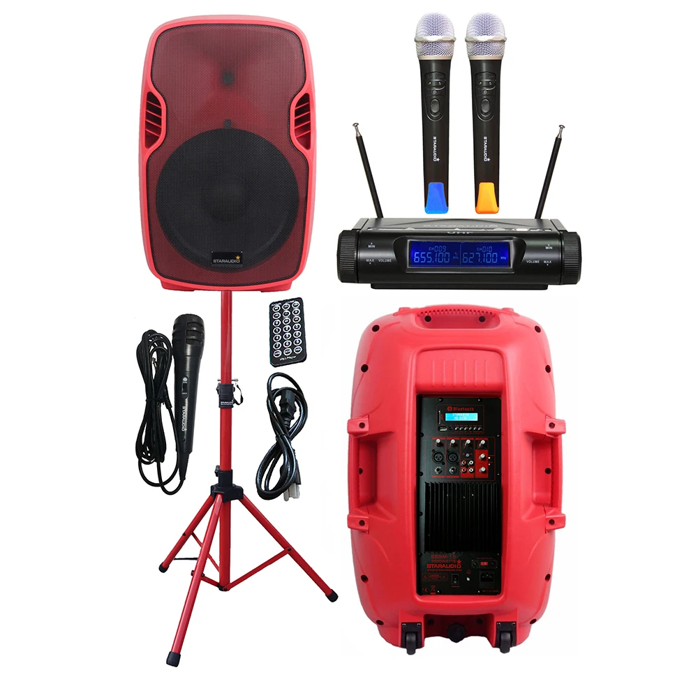 

STARAUDIO 3500W 15" PA Powered Active Bluetooth Speaker DJ Stand Wired Mic 2CH UHF Wireless Church Handheld Microphone SSRM-15