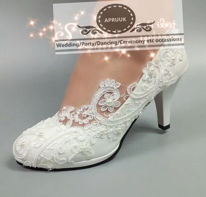 Round toes slip on white lace pearls wedding shoes bride 100% handmade plus sizes customized HS320 bridal parties pumps shoe