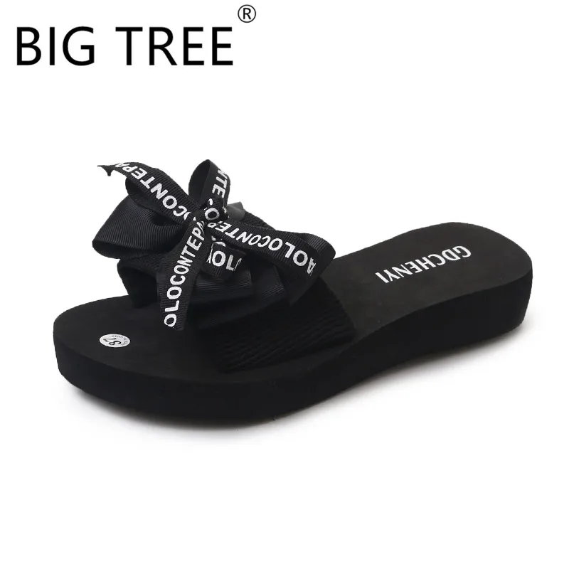 

2019 Summer Bow Slippers Thick Bottom Fashion Bath Slippers Wedges Beach Slippers Ladies Brand Black EVA Ladies Shoe BIGTREE