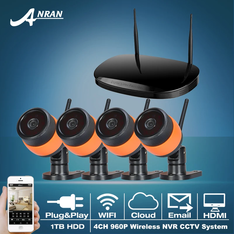 

HD Outdoor IR Night Vision H.264 Security CCTV Camera Kit 960P 4CH Wireless NVR Kit WIFI IP Camera Surveillance System 1TB HDD