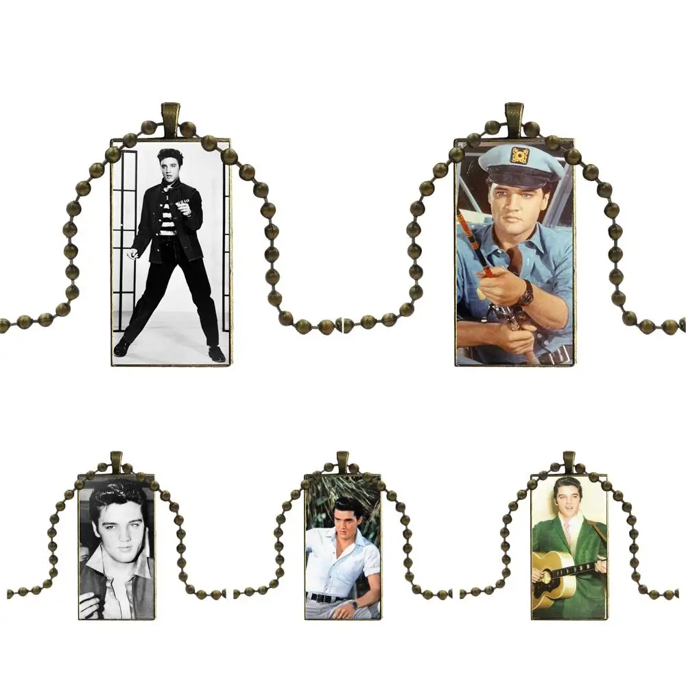 Country Music Elvis Presley For Men Women Glass Cabochon Jewelry Bronze Color With Long Pendant Choker Rectangle Necklace Country Music Elvis Presley For Men Women Glass Cabochon Jewelry Bronze Color With Long Pendant Choker Rectangle Necklace