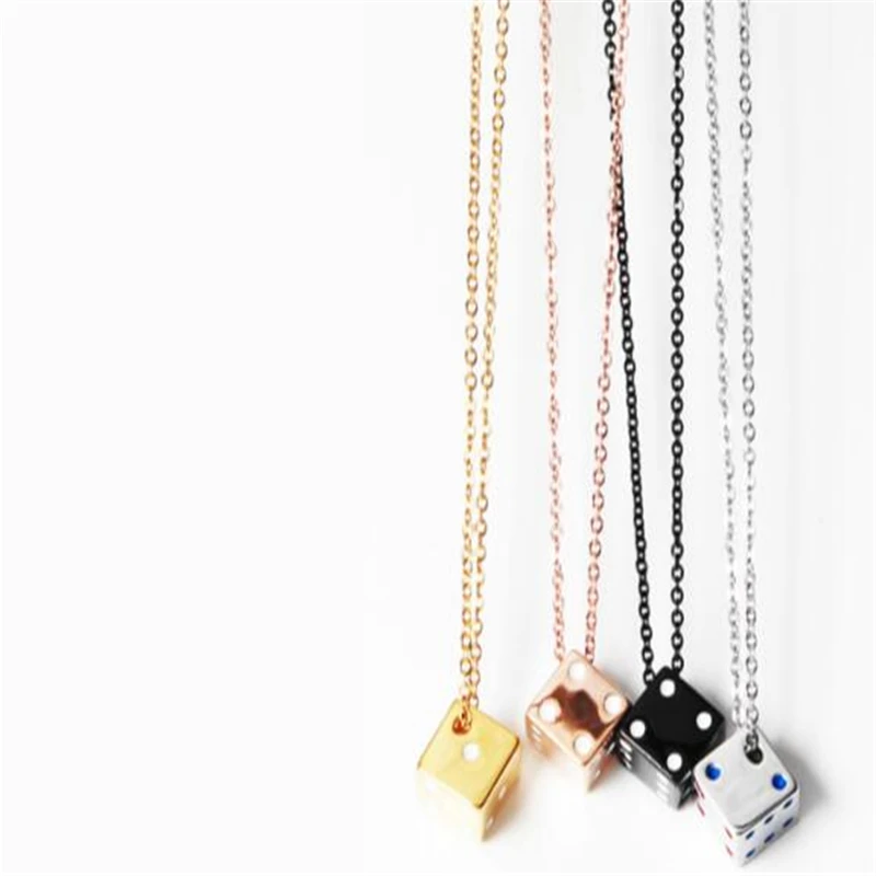 Men Women Silver Dice Necklace Jewelry Stainless Steel Square Pendant Necklaces With Crystal
