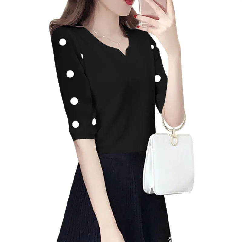 Blusas mujer de moda шифоновая рубашка в горошек с v образным вырезом кружевной пуловер