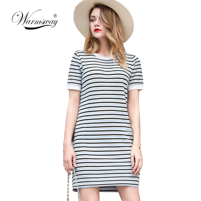 WARMSWAY 2018 Luxury Chic Runway Summer Dresses for Women Short Sleeve Knitted Mini Plaid Bandage Dress Party Vestidos C-141