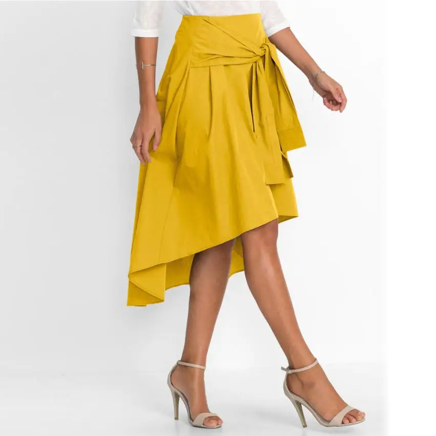Женский Летний стиль, юбка с высокой талией, Женская юбка до середины икры, а-силуэт, высокая низкая юбка, винтажные юбки, асимметричные желтые миди юбки, Saia