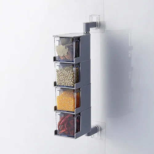 Креативная настенная Поворотная кухонная коробка для хранения многослойная без следов паста коробка для приправ и специй коробки - Цвет: Grey 4 Grids