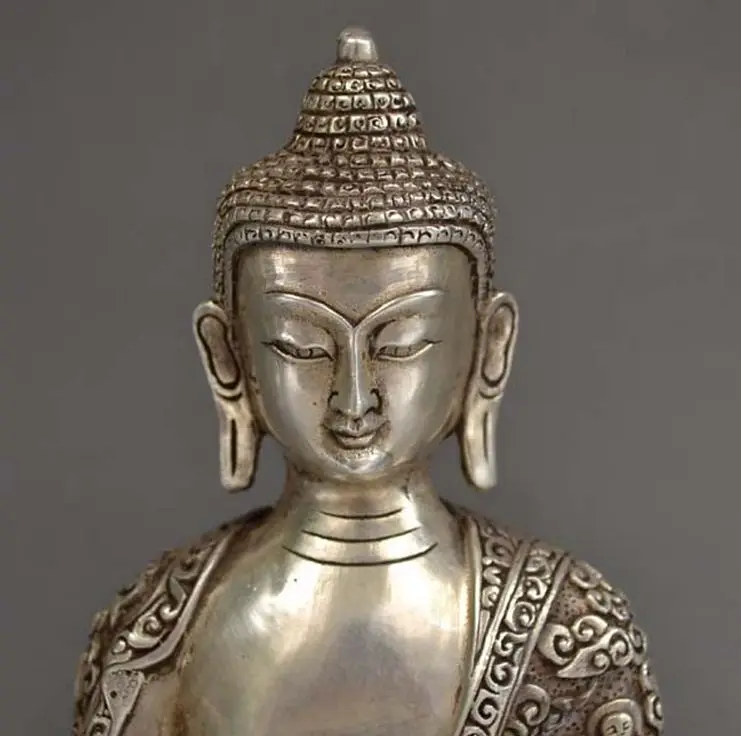 

8.9" Tibet Tibetan Silver Bronze Buddha Shakyamuni &Bowl Statue