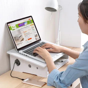 

Wood Plastic Notebook Elevated Shelf Bracket Desktop Breathable Notebook Computer Stand Rack With Storage Drawer Easy Assembly