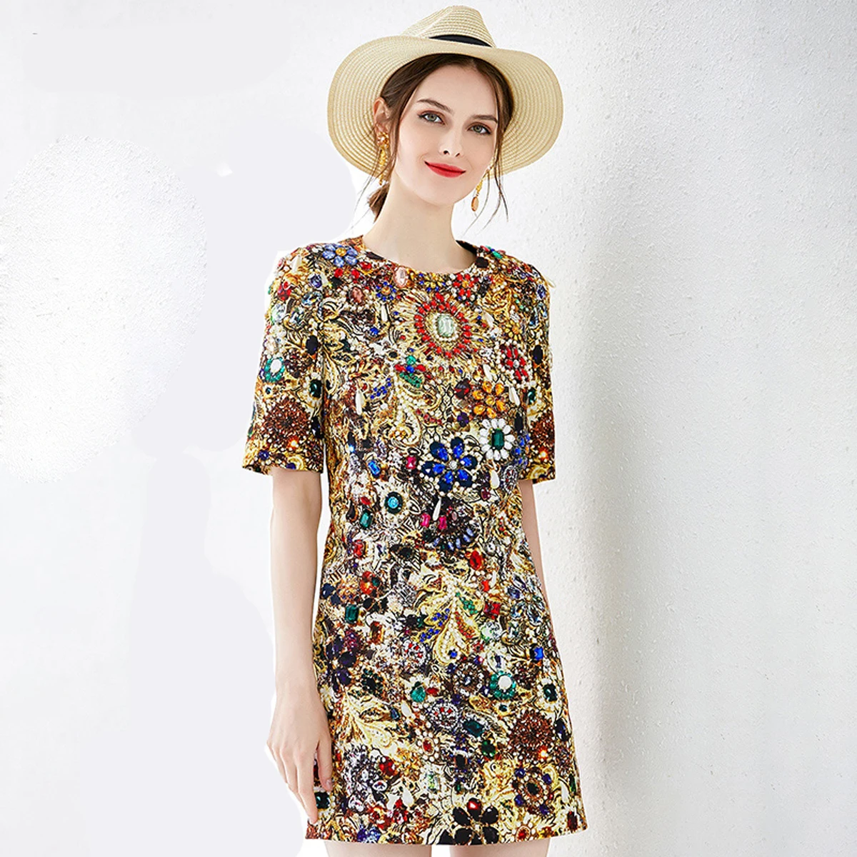 

Red RoosaRosee Fashion Runway Women Party Dress Golden Flower Print Diamond Mini Dresses Holiday Lady Design Vestidos Robe Femme