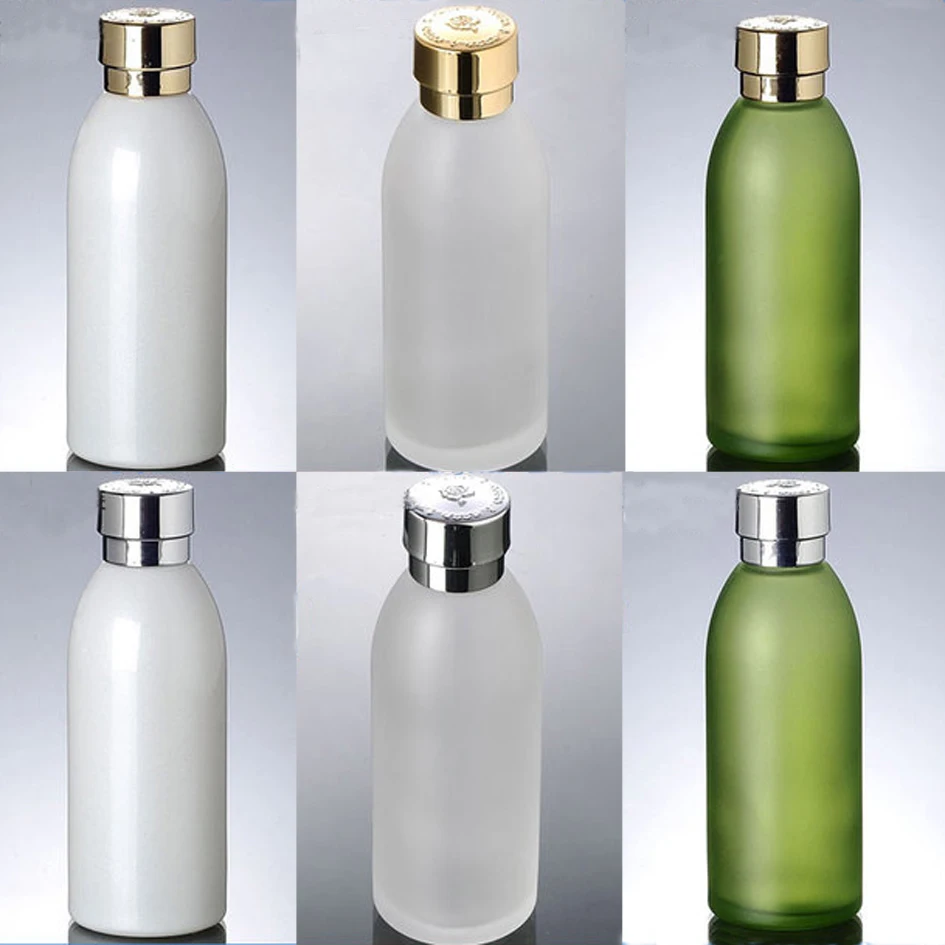 120ml white green matte glass lotion bottle cosmetic container with Foil cover Refillable