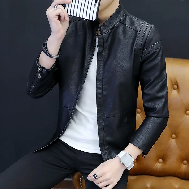 

The new 2019 autumn man leather PU leather jacket trend of cultivate one's morality locomotive youth light jacket