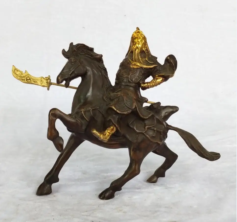 

Collection Chinese Old Bronze Gilt Carved Guan Gong Riding Horse Sculpture home art decoration antique statue