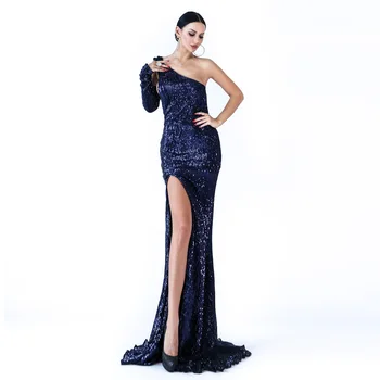 

Summer 2019 Dress Sexy Fashion Backless Full One-Shoulder Slit Women Flash Sequined Night Club Body con Party Dresses Wholesale