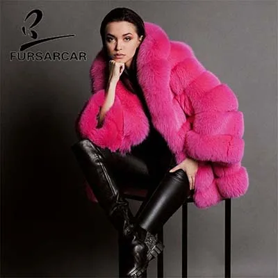 Модное роскошное Женское пальто с натуральным мехом, 80 см, длинная куртка из натурального Лисьего меха с большим меховым капюшоном, длинный рукав, зимний толстый мех - Цвет: Rose Red