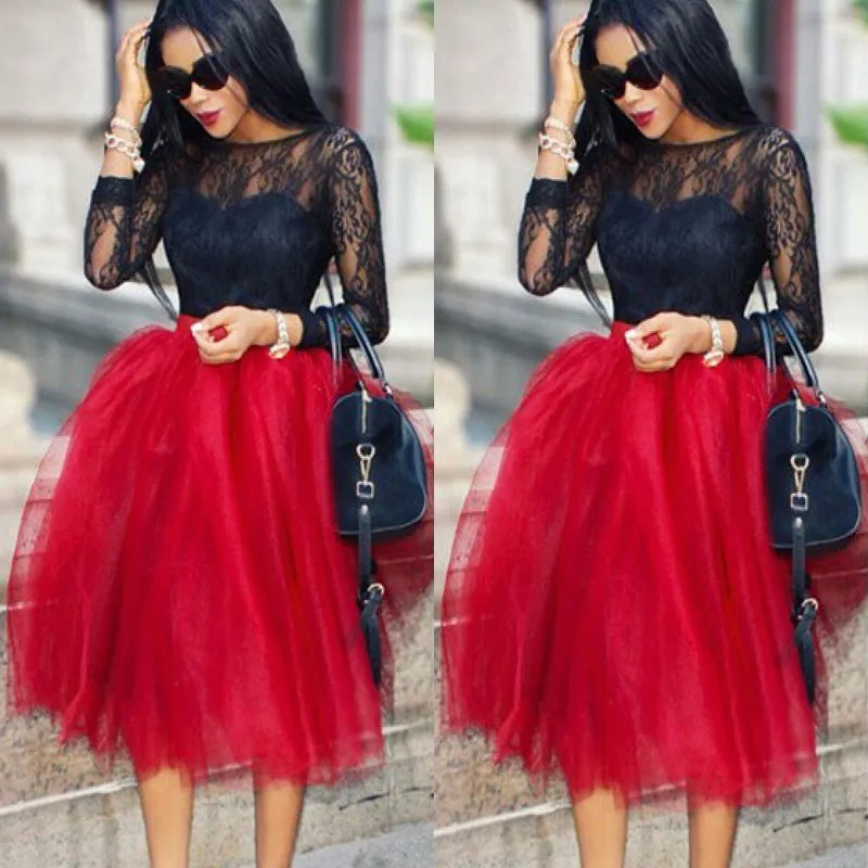 Trendy Red Tulle Skirt Midi Length Elegant Women Skirts Solid Casual