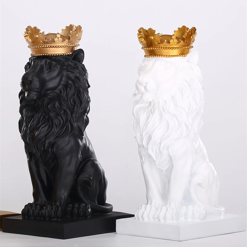 

Resin Black Lion with Gold Crown Statue Handicraft Home Sculpture Decorations Figures Accessories Animal Crafts Christmas Gifts