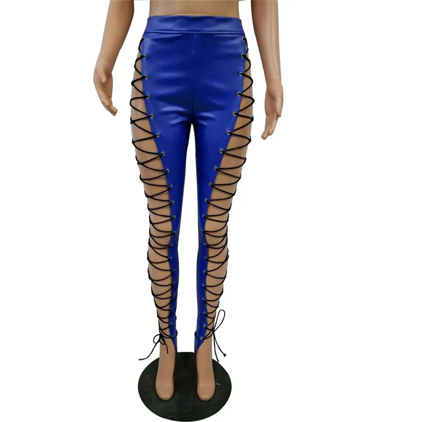 Tsuretobe выдалбливают на шнуровке сексуальные брюки карандаш для женщин высокая Талия бинты Леггинсы Клубные вечерние PU искусственная кожа брюки для женщин